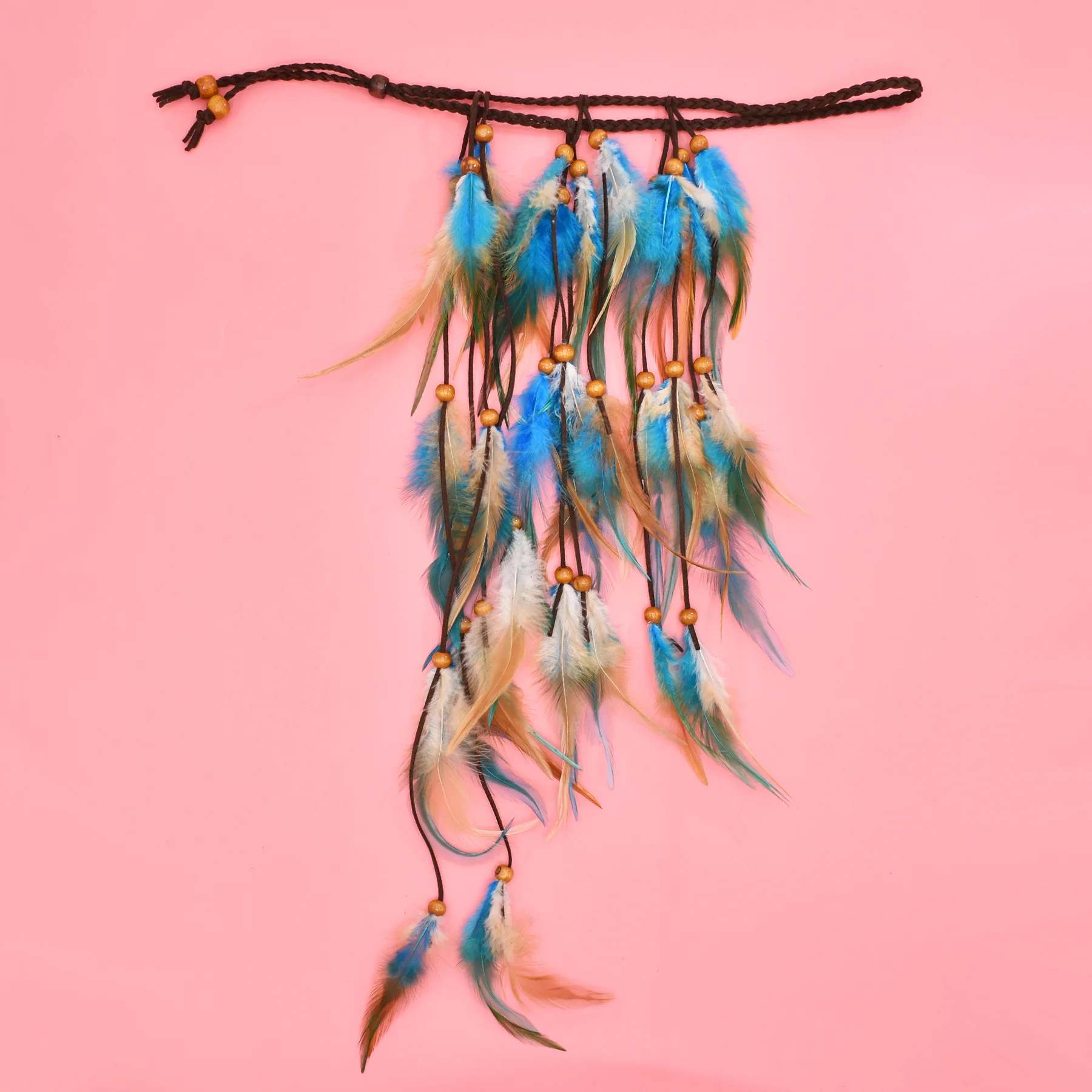 طويل الأزرق البني ريشة عقال للنساء البوهيمي العرقية مهرجان الهبي حفلة جلدية الخشب الخرز الشعر مجوهرات اكسسوارات #4