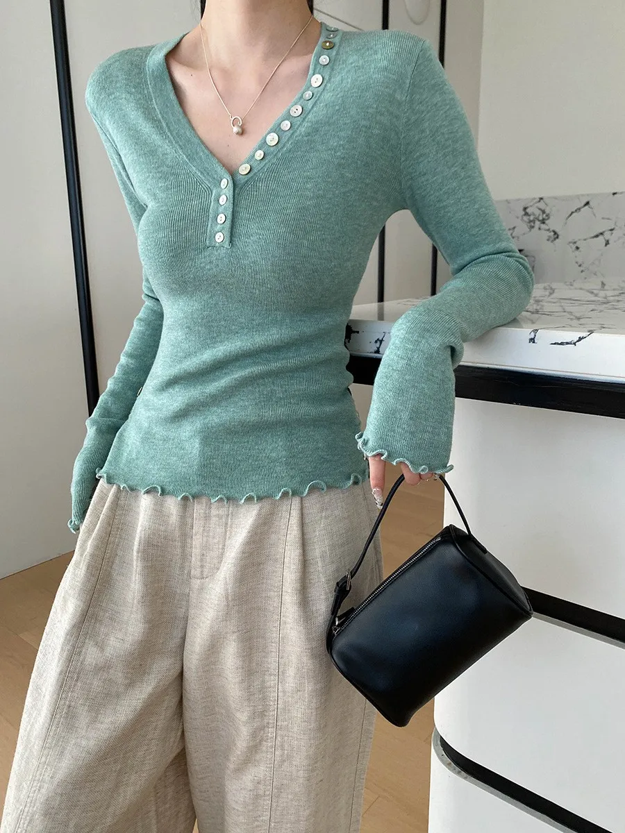 

Spring Women's Clothing Slim Fit V Neck Ruffle Button Knit Top For Woman Sweaters Polyester Regular Long Sleeve Casual Wear