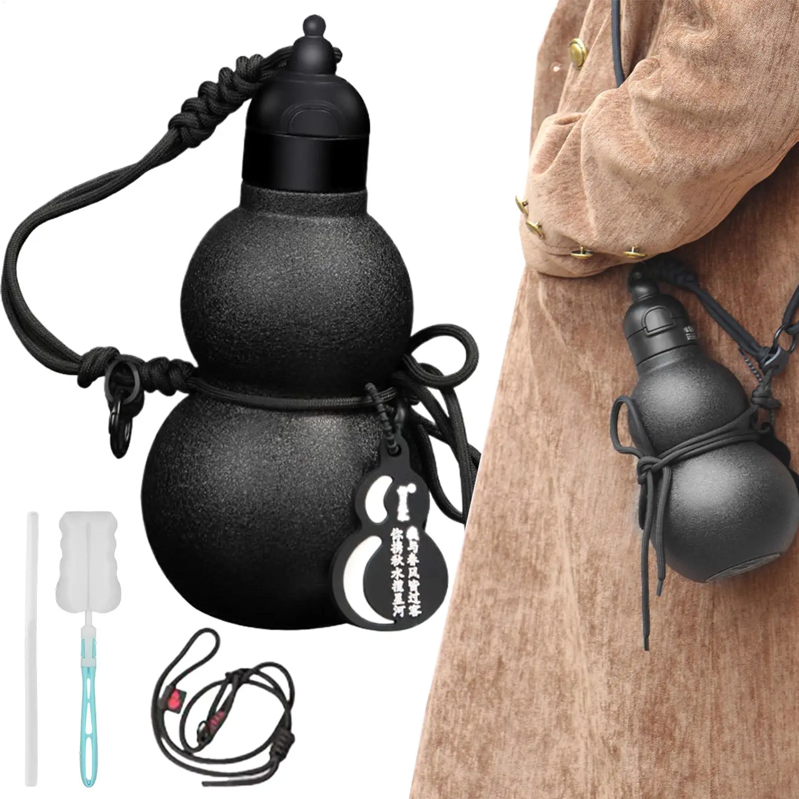 Stainless Steel Gourd Water Bottle 580ml with Strap Straw Insulated Sports Water Bottle for Gym Hiking Camping Men Women Outdoor