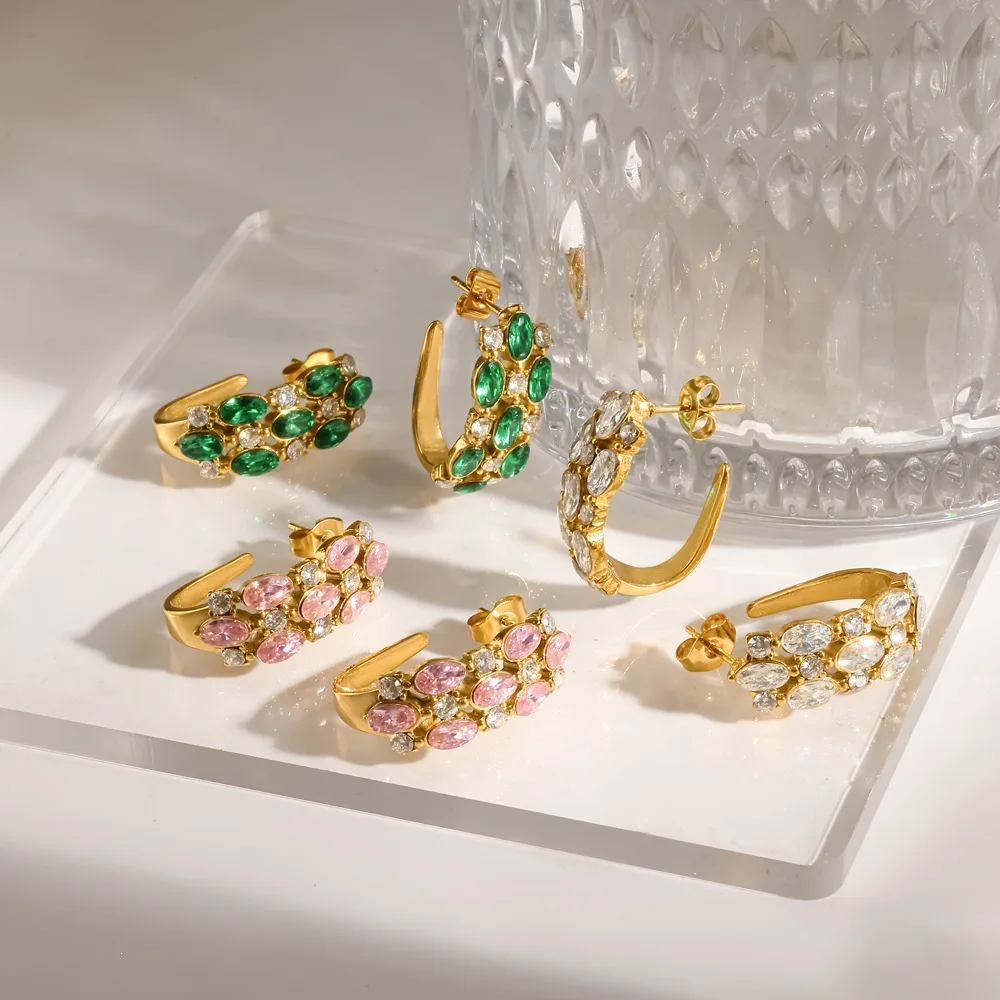 18K Gold Plated Stainless Steel C Shape Hoop Earrings Oval Multi Color Zircon Cluster Huggie Earrings Vintage Jewelry For Women