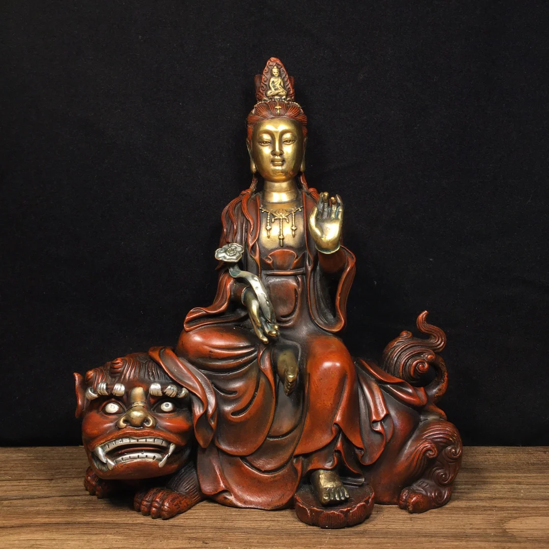 

10"Tibetan Temple Collection Old Bronze Gilded True Gold Silver Manjushri Bodhisattva Sitting God Beast Buddha Worship Hall