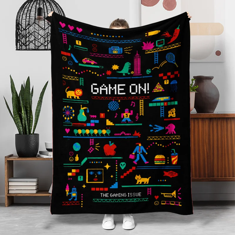 Pixel Game On Flannel Throw Blanket, Retro Colorful Arcade Game Print Soft Blanket for Kids Bedroom Sofa Cozy Home Decor