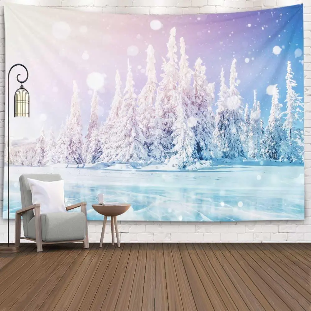 Winter Ice Forest Tapestry Frozen Lake Magical Snow Tree Landscape Wall Art for Men's Bedroom Living Room Decor