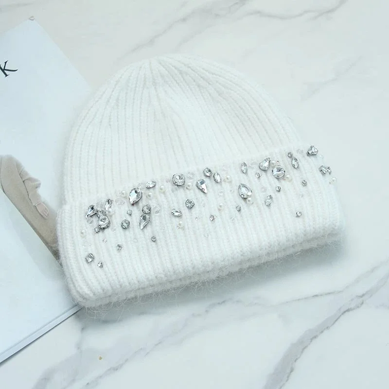 Rabbit Fur Beanie with Rhinestones Thickened Knit Hat for Fall/Winter Women's Face-Slimming Ear-Warming Hooded Beanie