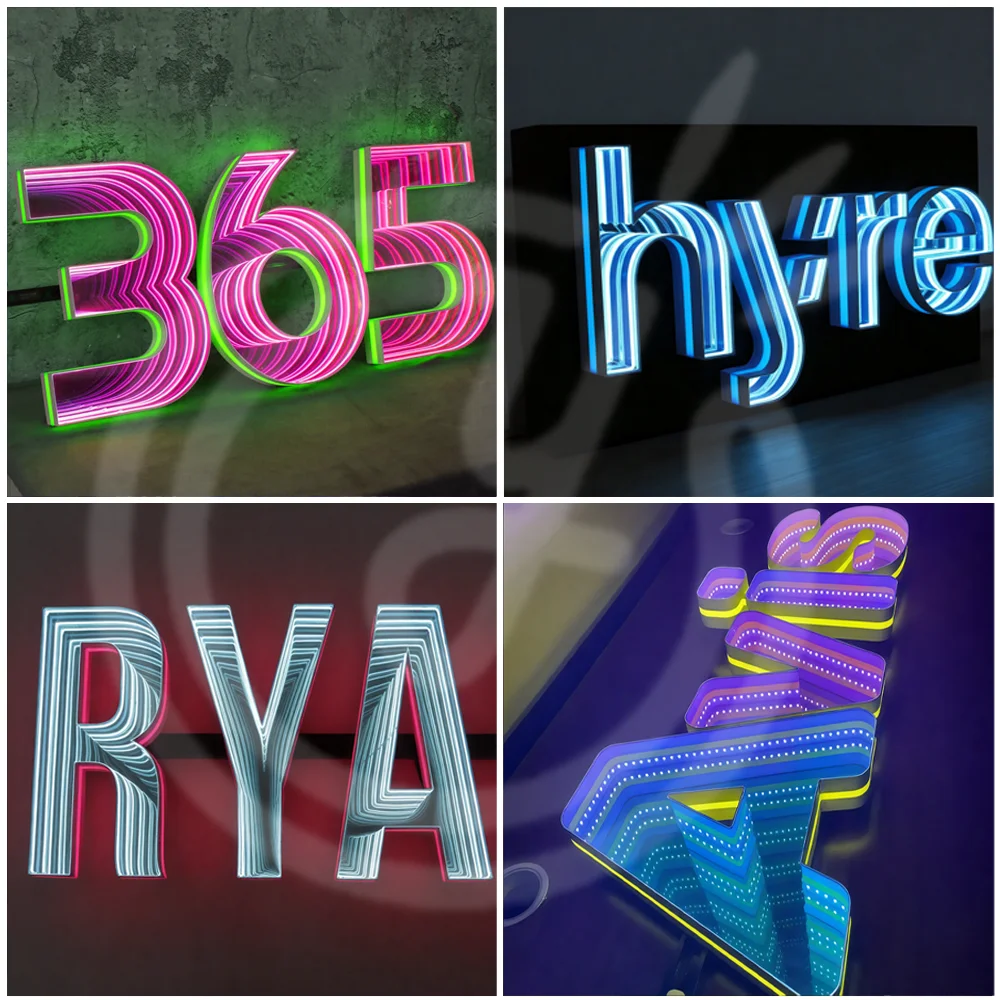 Personalizowane litery kanałowe z lustrem nieskończoności LED 3D na zamówienie, dekoracja ścienna z lustrem do baru, salonu, do użytku wewnątrz i na zewnątrz.