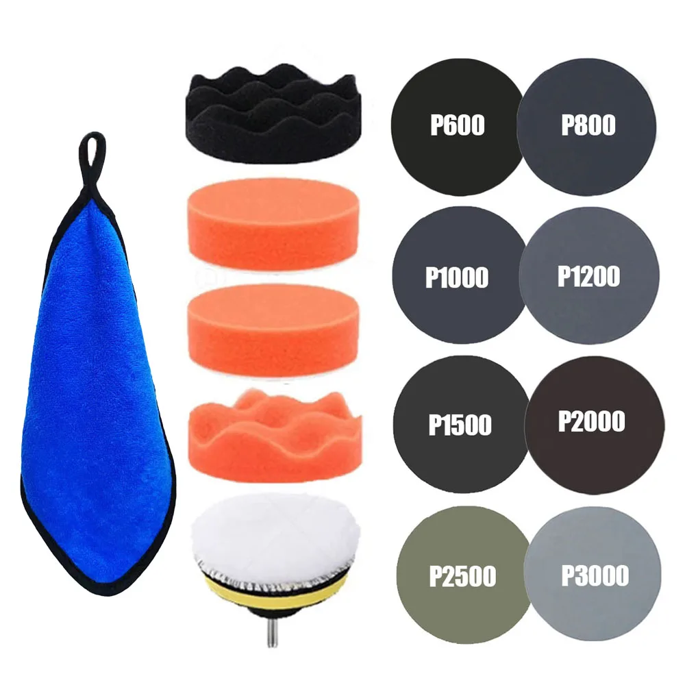 Car Polishing Sponge Pads Kit Buffing Waxing Foam 3 Inch Sandpaper 800 1000 2000 Grit Sponge Foam Pads For Headlight Refurbish