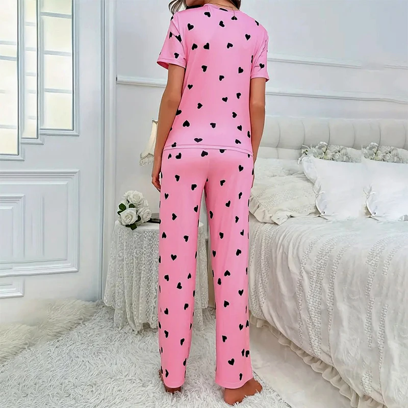 Women\'s Sleepwear Love Printed Short Sleeved T-shirt and Trousers Pajamas Set Casual Homewear Soft Comfortable Pyjamas Femme Pjs