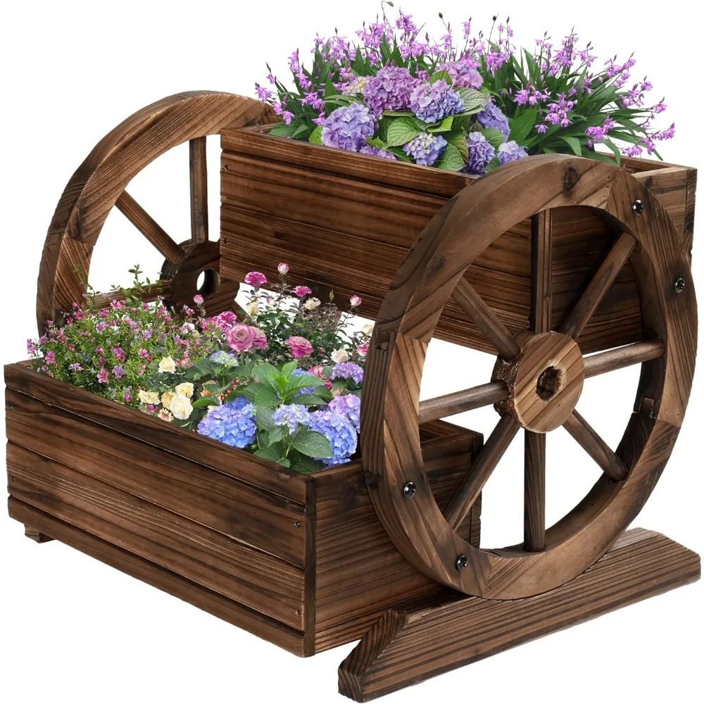 Wooden Wagon Planter Box, Garden Planter with Wheels,Decorative Planter for Flowers Herbs Vegetables