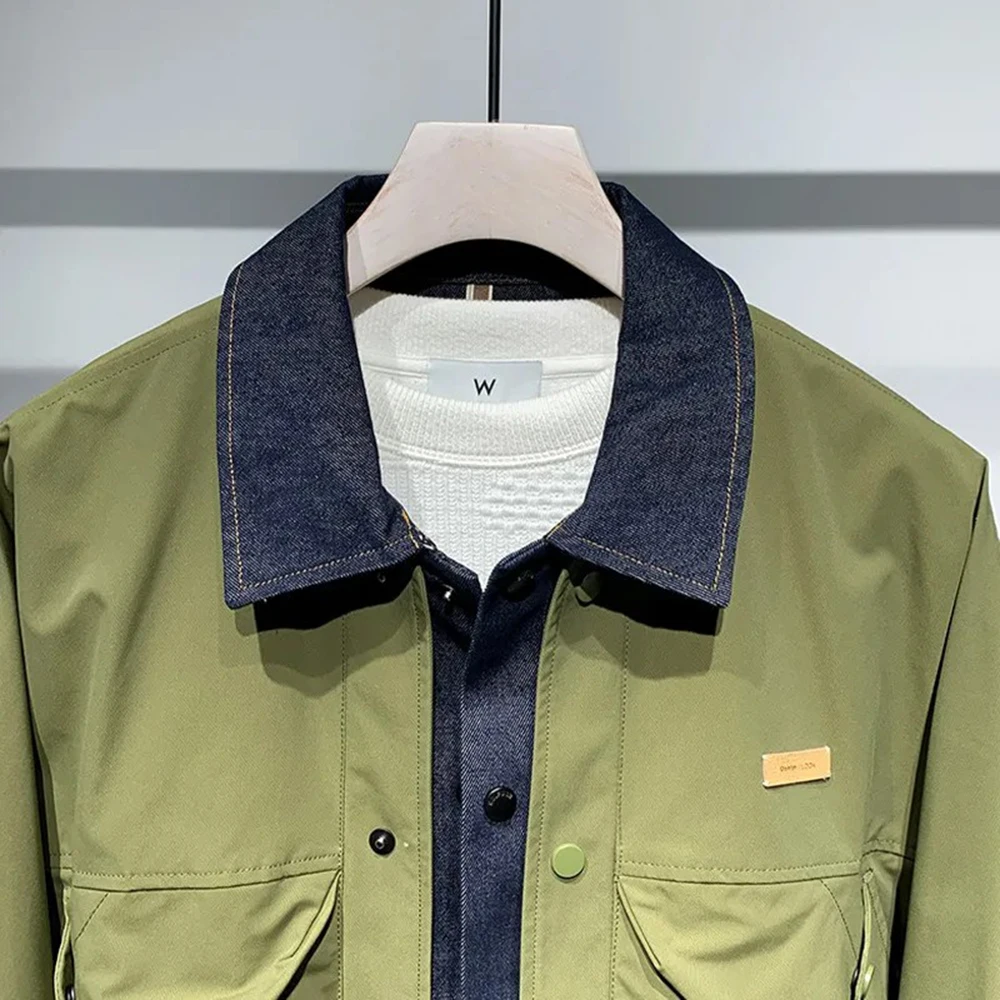 Mens Denim Patchwork Fake Two-Piece Casual Jacket Streetwear Fashion Thin Youth Campus Long-Sleeved Top Male Men'S Clothing