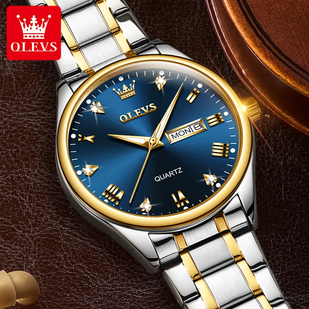 OLEVS 5563 Original Man Watch Stainless Steel Waterproof Dual Calendar Classic Business Diamond Scale Men's Quartz Wristwatches