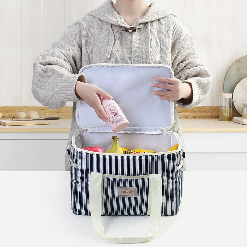 Fashion Striped Insulated Lunch Bag Large Lunch Bags For Women Men Reusable Lunch Bag With Adjustable Shoulder Strap