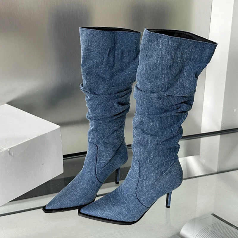 

Eilyken Denim Pleated Pointed Toe Women Knee-High Boots Fashion Thin High Heels Shoes Spring Autumn Ladies Booties