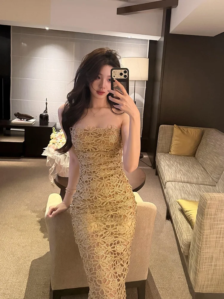 

Elegant Lace Hollow out Birthday Dress Women's Sleeveless Gown with Belt Heavy Embroidery High Waist Fit And Flare Long Skirt
