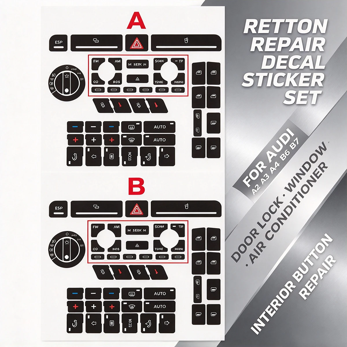 All-in-One Button Repair Decal Sticker Set For Audi A2 A3 A4 B6 B7 Door Lock Window AC Car Interior