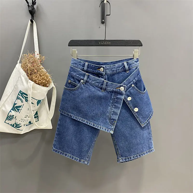 High waisted design five point denim, women's straight tube, summer loose fitting, casual, fashionable shorts, and shorts