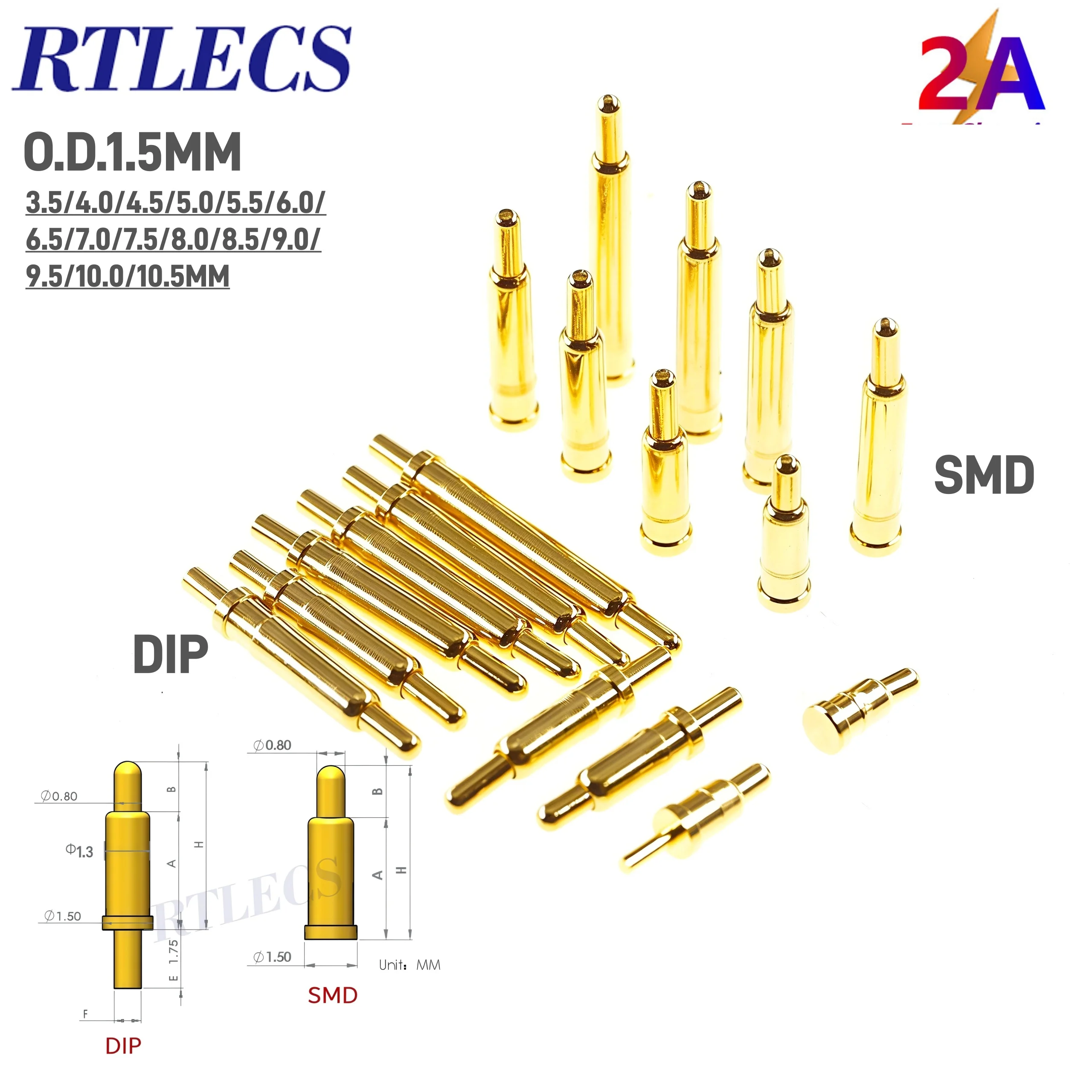 5 - 100 Pcs Overall Diameter OD 1.5 MM Spring-Loaded Pogo Pin DIP SMD Mount Hight Current 2.0 A Gold Plated