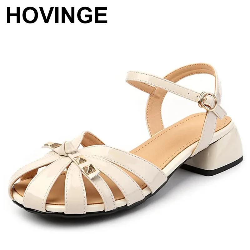 

Women Genuine Leather Gladiator Sandals Round Toe Block Mid Heel Narrow Band Buckle Rivets Sheepskin Ladies Shoes Summer