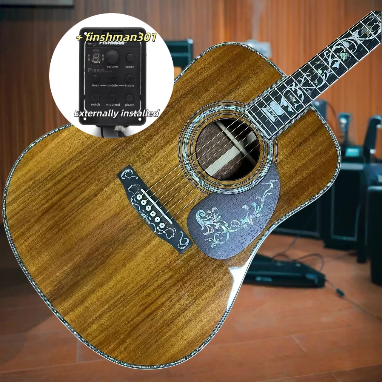 41 Inch D45 Acoustic Guitar Koa with Small Floral Motif Koa Body with Floral Inlays Pickup Included  Gift Luxury Abalone Inlay