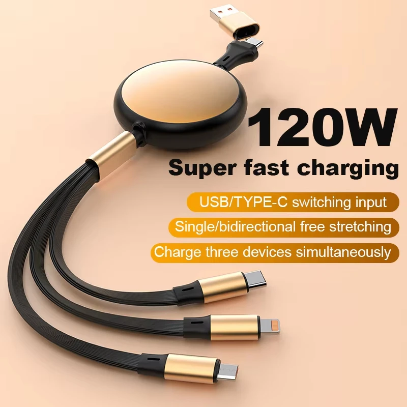 3-in-1 Multi USB Cable 1.2M 5A Fast Charging Retractable Data Sync for All Phones And Devices