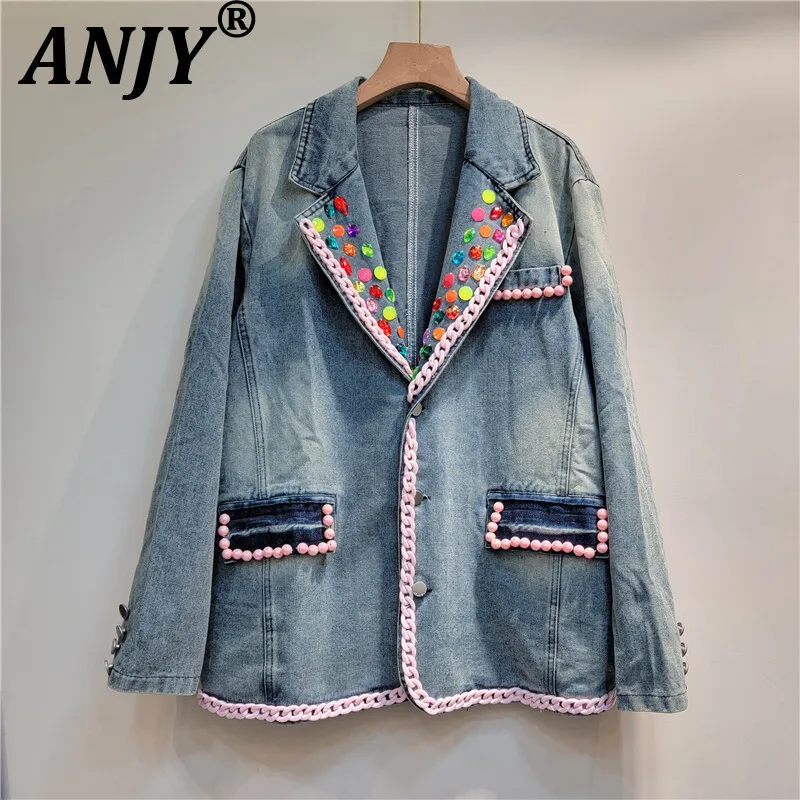 

ANJY Autumn New Women High Street Y2K Tide Beaded Studded Diamonds Pockets Long Sleeved Blazer Casual Stylish Denim Jacket A8136