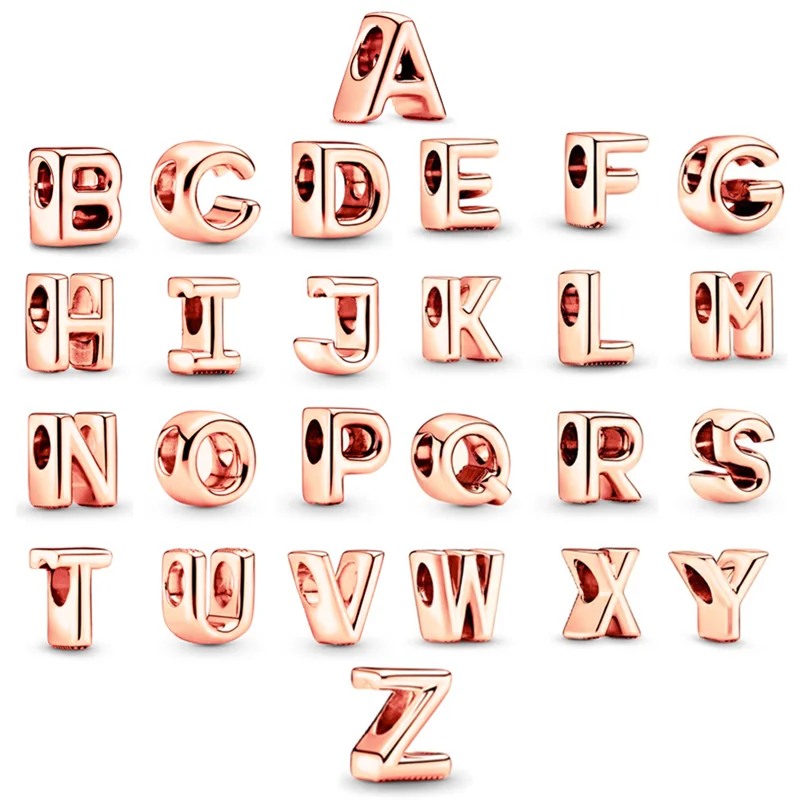 Rose Gold Plated Polished Letter A-Z Alphabet Charm Beads Women Gift Fit Original Silver 925 Pandora Bracelet Bangle DIY Jewelry