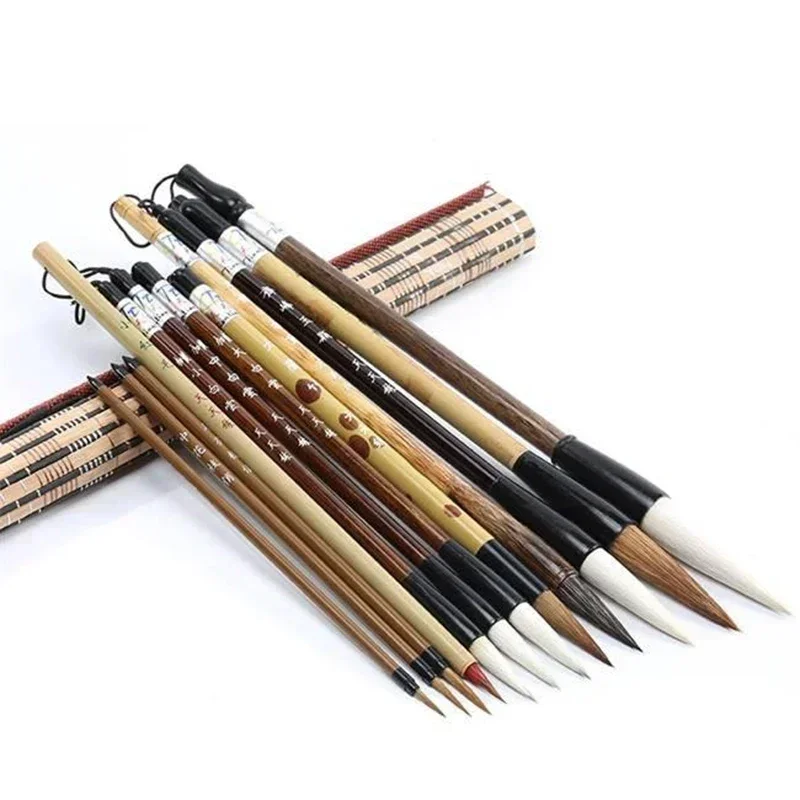 6/9/12/16Pcs Chinese Calligraphy Brushes Set with Roll-up Bamboo Brush Holder Sumi Painting Writing Kanji Art Watercolor Brush