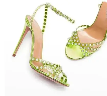 Summer Sky Blue Red Green PVC Bling Crystal Rhinestone 10 CM Thin Heels Sandals Woman Ankle Buckle Strap Slingback Party Shoes