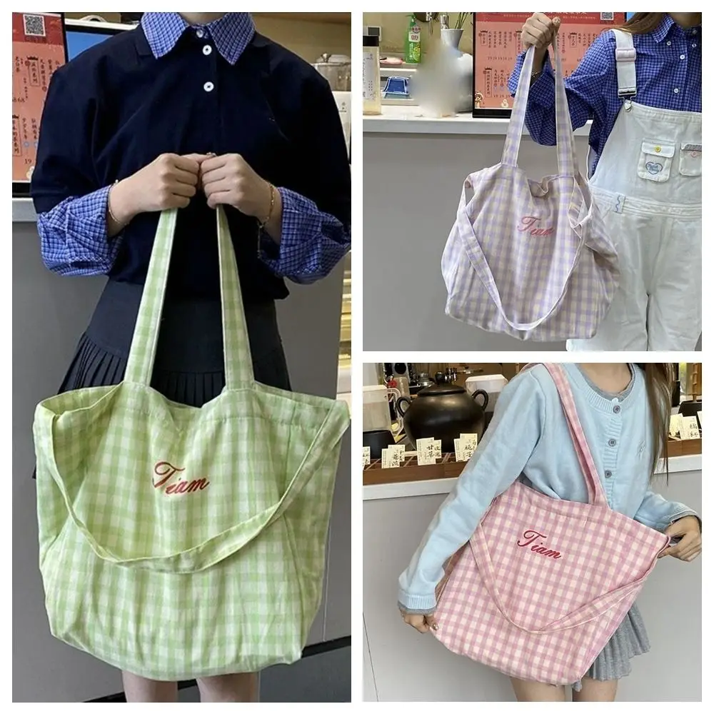 Fashion Letter Plaid Shoulder Bag Candy Color Korean Style Canvas Tote Bag Handbag Purse Large Capacity Crossbody Bag Daily
