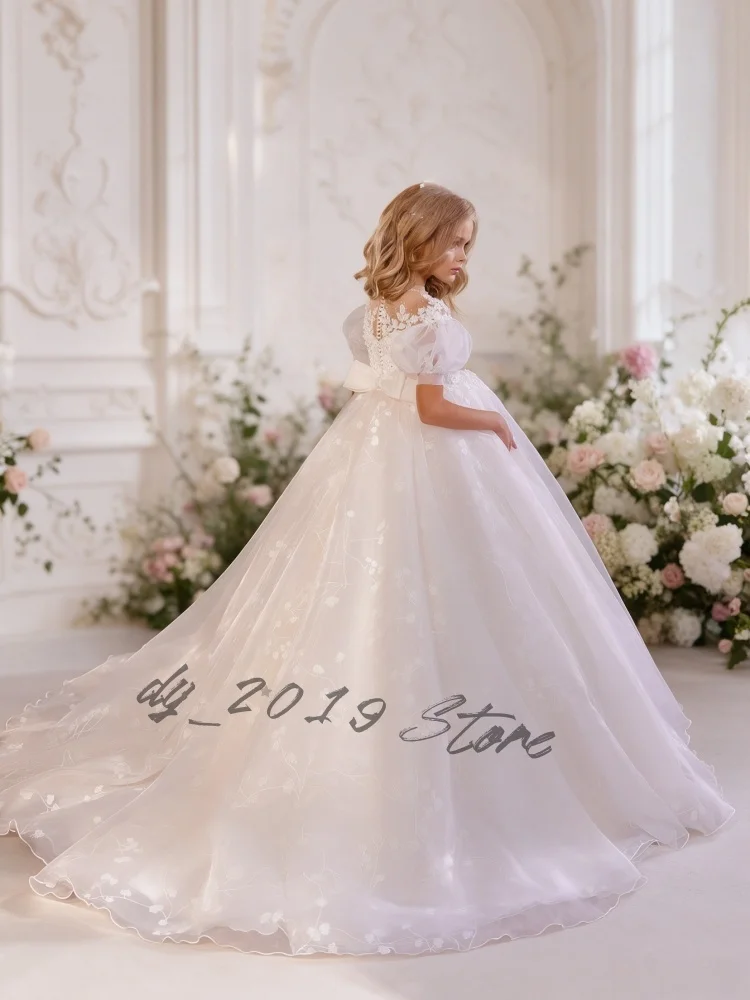 Elegant White Lace Tulle Flower Girl Dress Puff Short Sleeve Sheer Neck & Embroidered Long Train for Wedding & First Communion
