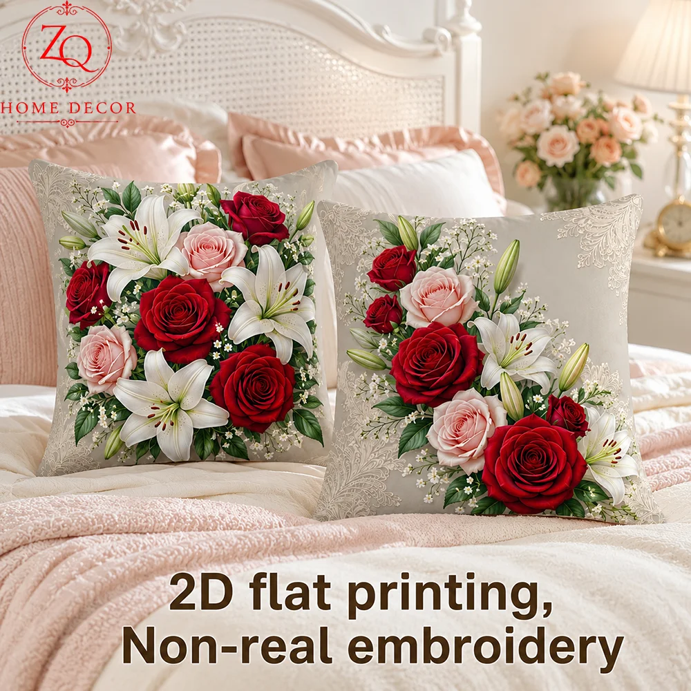 Rose Lily Floral Throw Pillow Cover Peach Skin Velvet Decorative Pillowcase Bedroom Wedding Valentine'S Day Home Decor