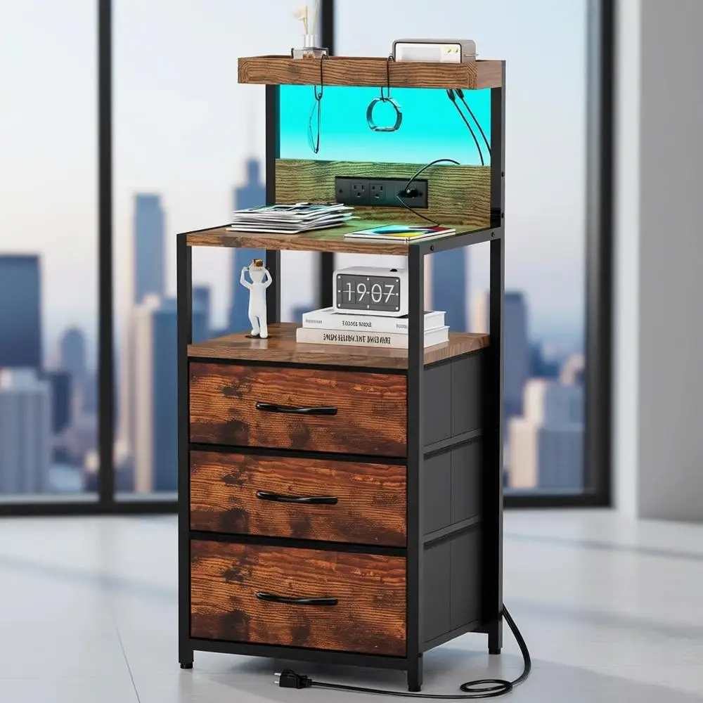 

Rustic Brown 3-Tier Nightstand with Charging, Storage, LED Lights, and Hooks