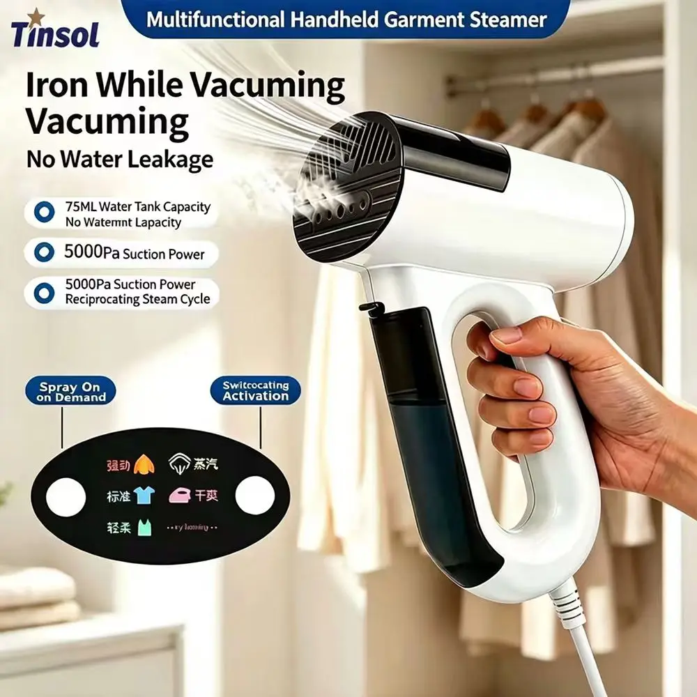 TINSOL 1000W Handheld Steam Garment Steamer, 5500PA Suction Dry Ironing Vacuum Steam Machine, with Smart Handle Sensor