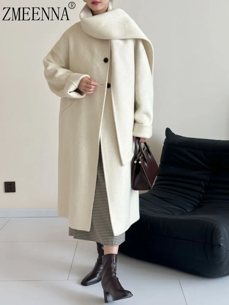 

ZMEENNA женское элегантное длинное пальто цвета слоновой кости белого шерсти с воротником-шарфом, теплая зимняя верхняя одежда, стильная свободная повседневная одежда ZM3484