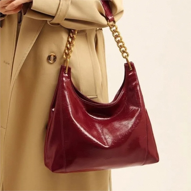 

JIAERDI Retro Wine Red Chain Tote Bag Women Textured Leather Large Capacity Shoulder Bags Ladies Fashion High End Underarm Bag