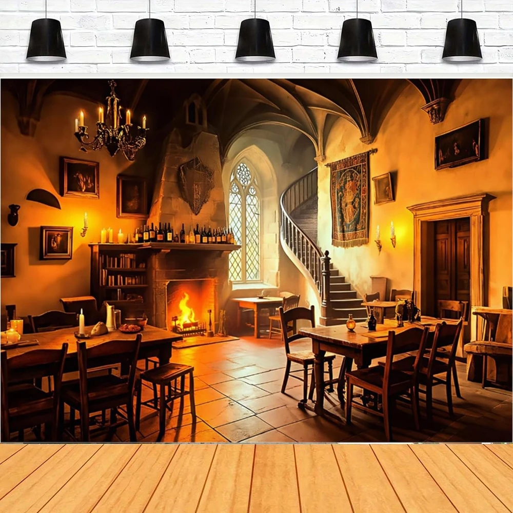 Fondo de fotografía taberna Medieval Castillo pared de piedra antiguo restaurante Bar chimenea luz de velas fondo de vaquero occidental