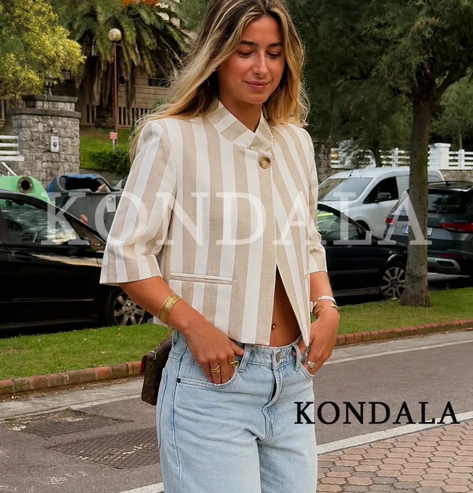 KONDALA Damen Pendler-Schicker Gestreifter Blazer 2026 Sommer Trendiger High-Street Stehkragen-Blazer Eleganter Lässiger Kurzarm-Blazer – Detail 2