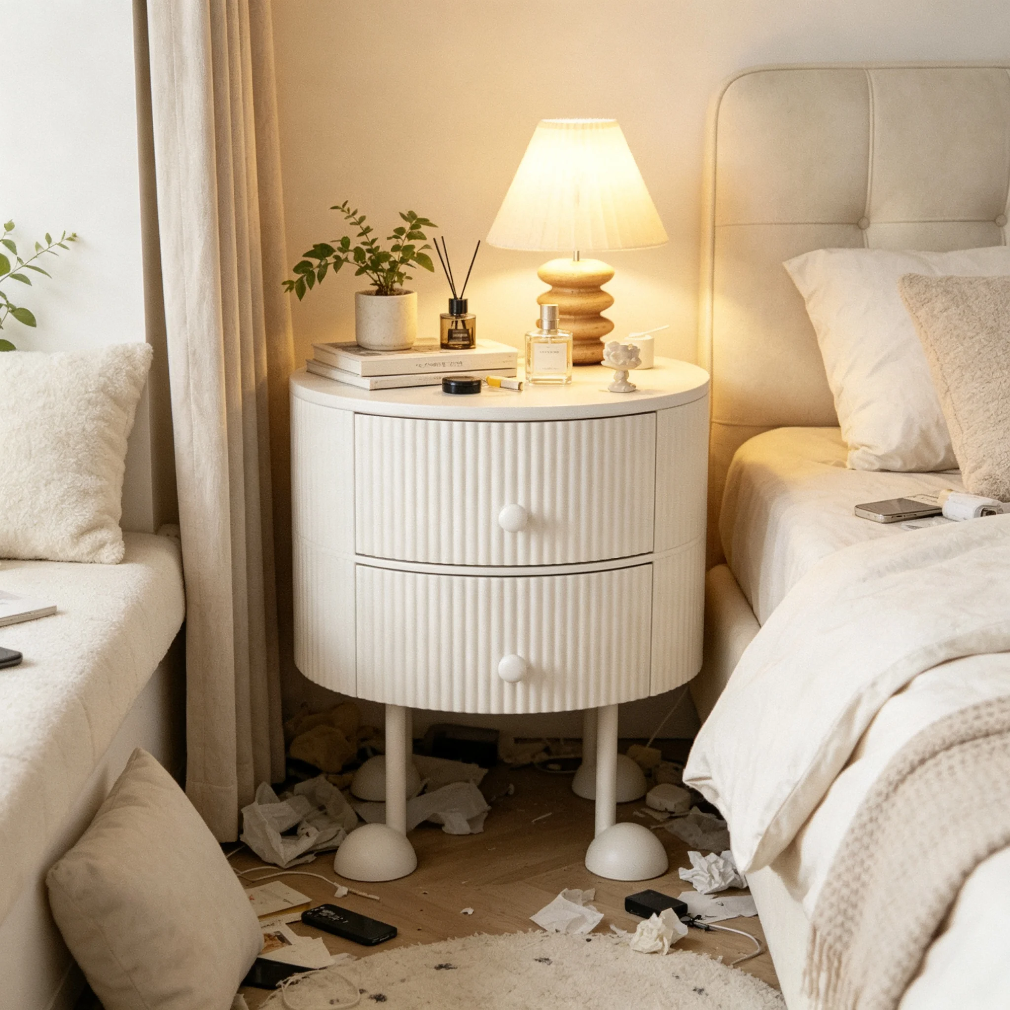 AOLIVIYA French Cream Round Nightstand Bedside Cabinet Minimalist Master Unit Table