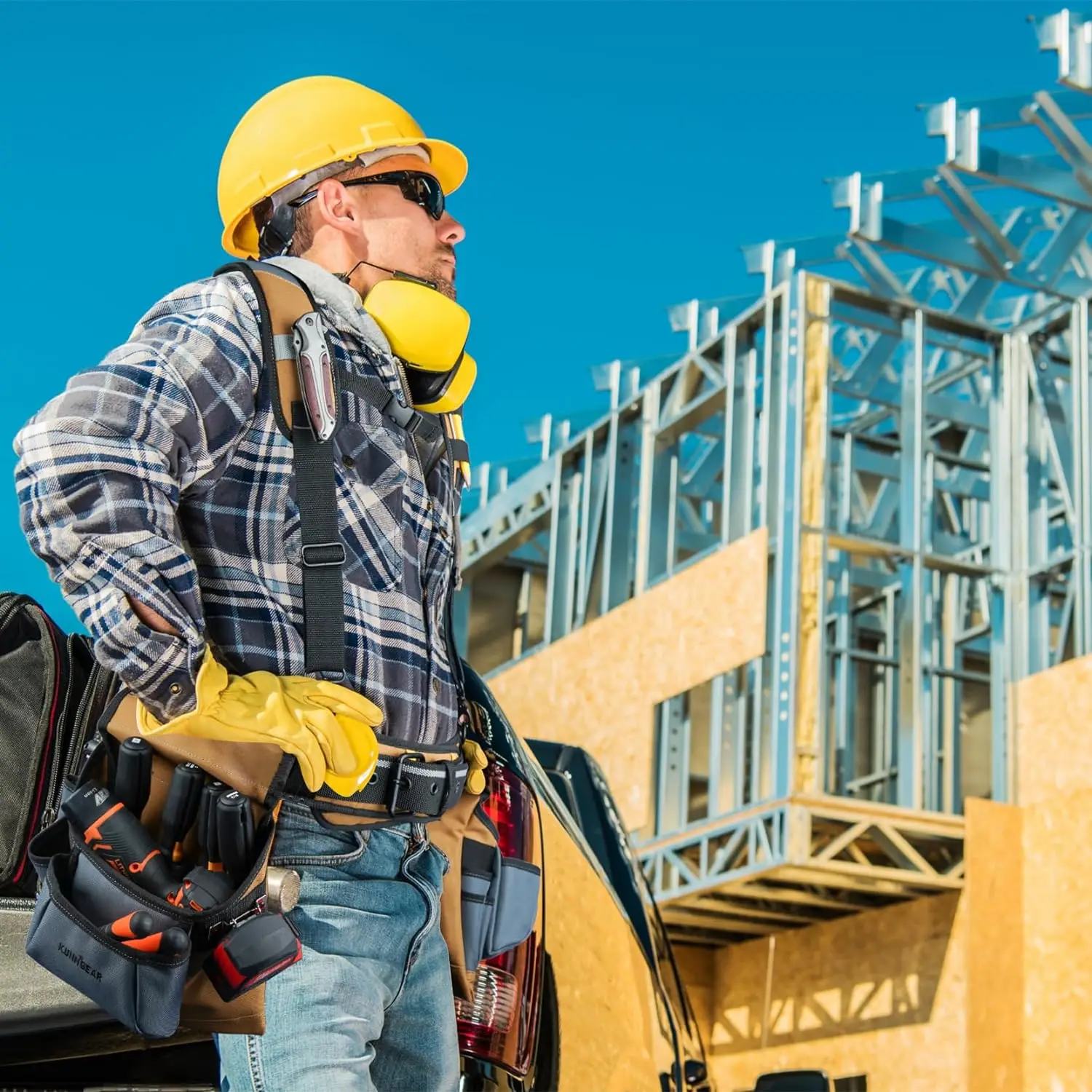 KUNN cinturón de herramientas de carpintero con tirantes Pro Framer, plataforma de herramientas de suspensión para constructores y electricistas, color caqui