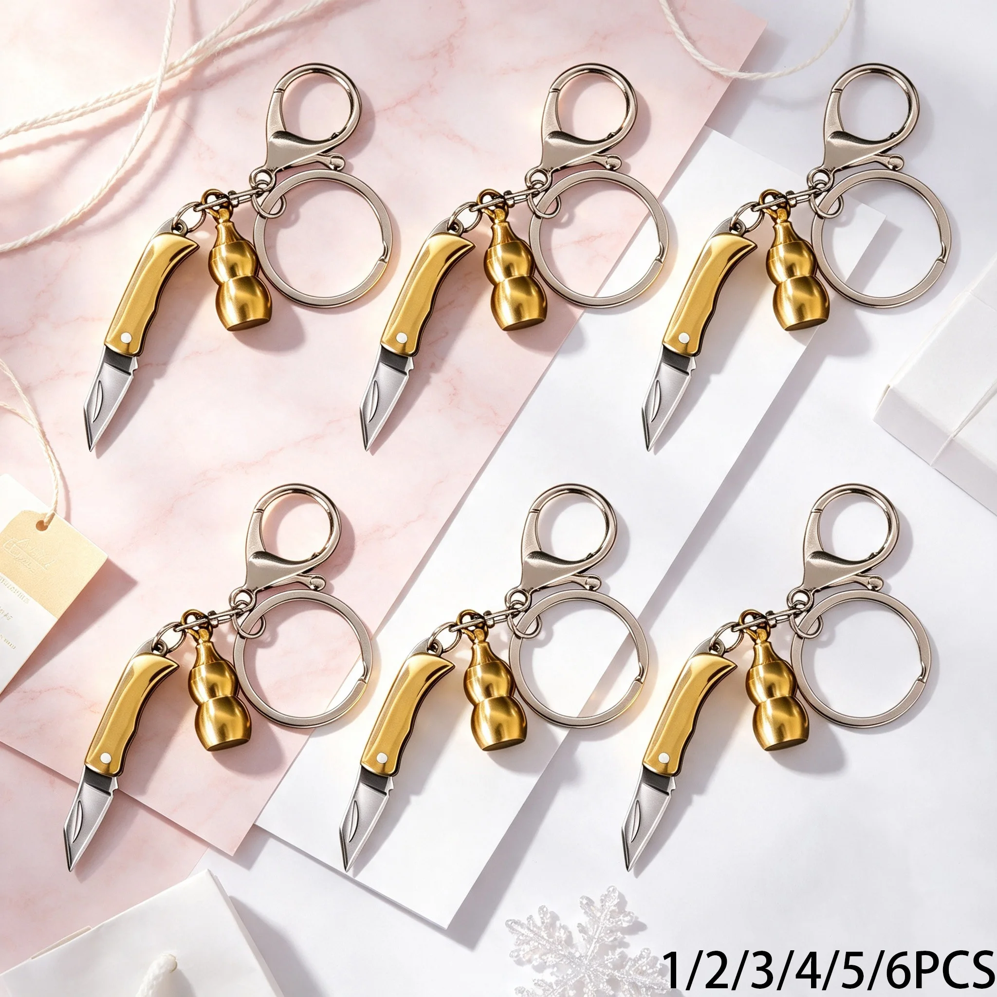 1/2/3/4/5/6PCS,EDC Mini Folding Knife Keyring with Gourd Ornament, Multi-purpose Parcel Opener, DIY Paper Envelope Cutting Tool