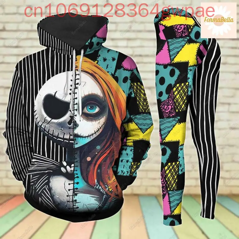 The Nightmare Before Christmas Jack Skellington y Selly Conjunto de mallas con capucha 3d para mujer Sudadera con capucha de Disney Pantalones de yoga Chándal deportivo