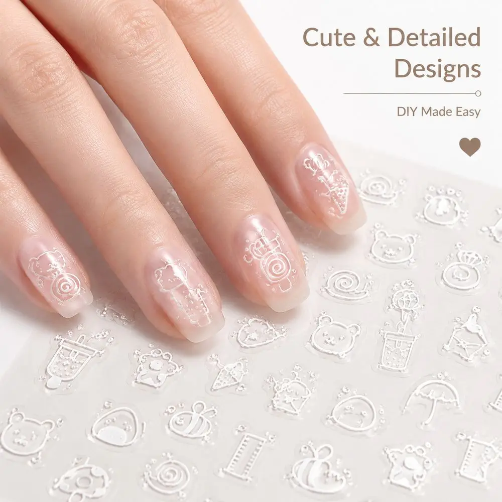 1Pc Raised 5D Nail Decals Hand‑Drawn Simple Cartoon Cat Bear Snail Design Self‑Adhesive Stickers For Beginner Nail Art DIY Work