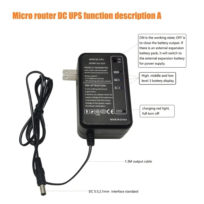 5V 9V 12V 18.5Wh 5000Mah UPS Backup Power Supply Adapter 5.5X2.1Mm Output For Wireless Router Modem CCTV Camera