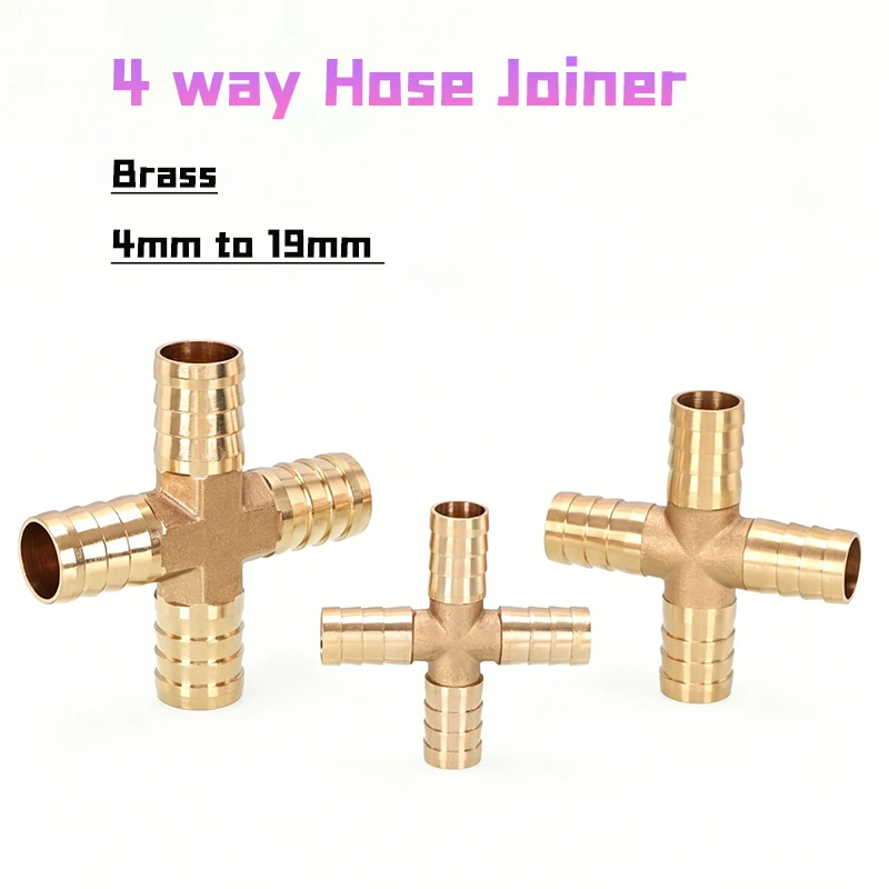 Peijian Brass 4 Way Hose Joiner Barbed Splitter Connector For Fuel, Air, Water, Oil, Gas 4mm/6mm/8mm/10mm/12mm/16mm/19mm