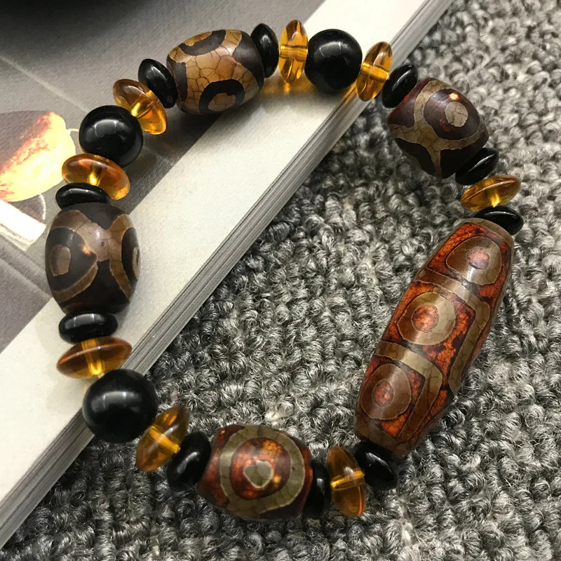 Agate Nine- Dzi , Ancient Tibetan Style Three-Eyed Old Buddha Bead Bracelet, Handmade Artifacts