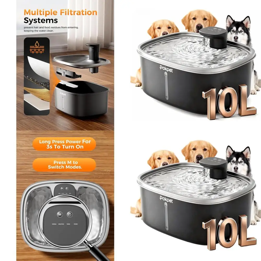 

10L Wireless Stainless Steel Pet Water Dispenser for Cats & Dogs, Battery-Powered with Sensor, Quiet Flowing, 4000mAh