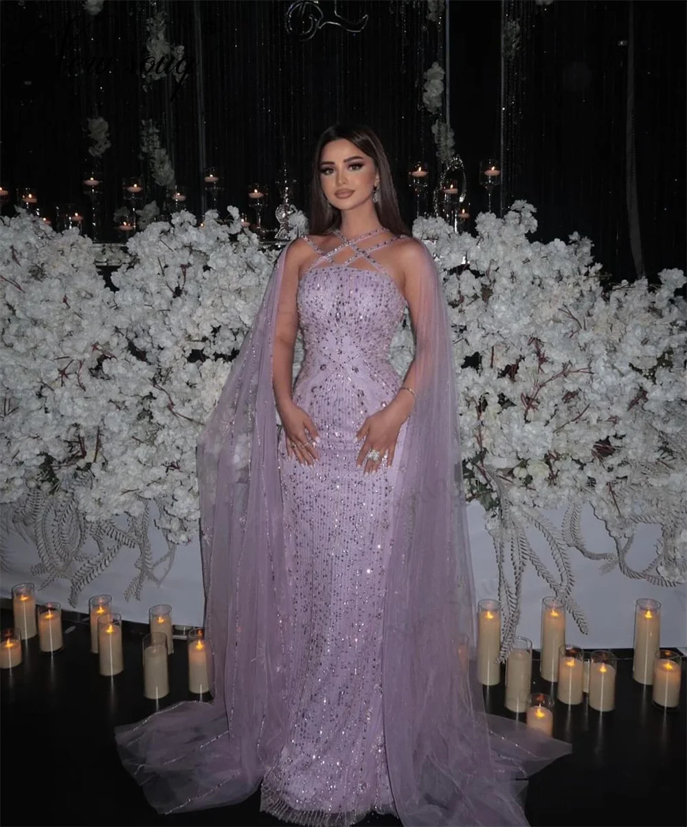 New Elegant Lilac Beaded Evening Dresses Arabic Cape Sleeves Crystals Wedding Party Dress Vestidos De Gala Mermaid Prom Dress