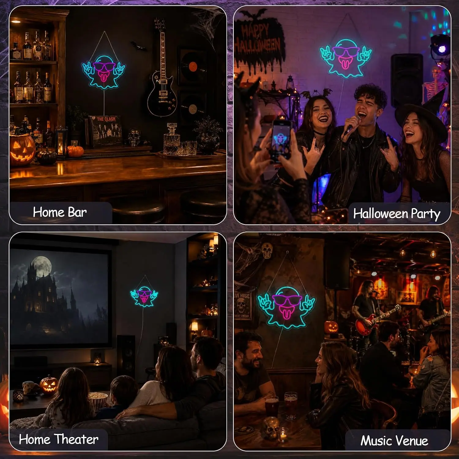 Ghost Neon Sign Halloween Cool Rock LED Neon Light Spooky Party Bedroom Game Room Home Decor Christmas Gift USB Powered