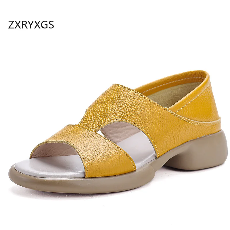 

ZXRYXGS/2020 летние новые сандалии из натуральной кожи для женщин, повседневные универсальные сандалии на толстом низком каблуке с мягкой подошвой Tide