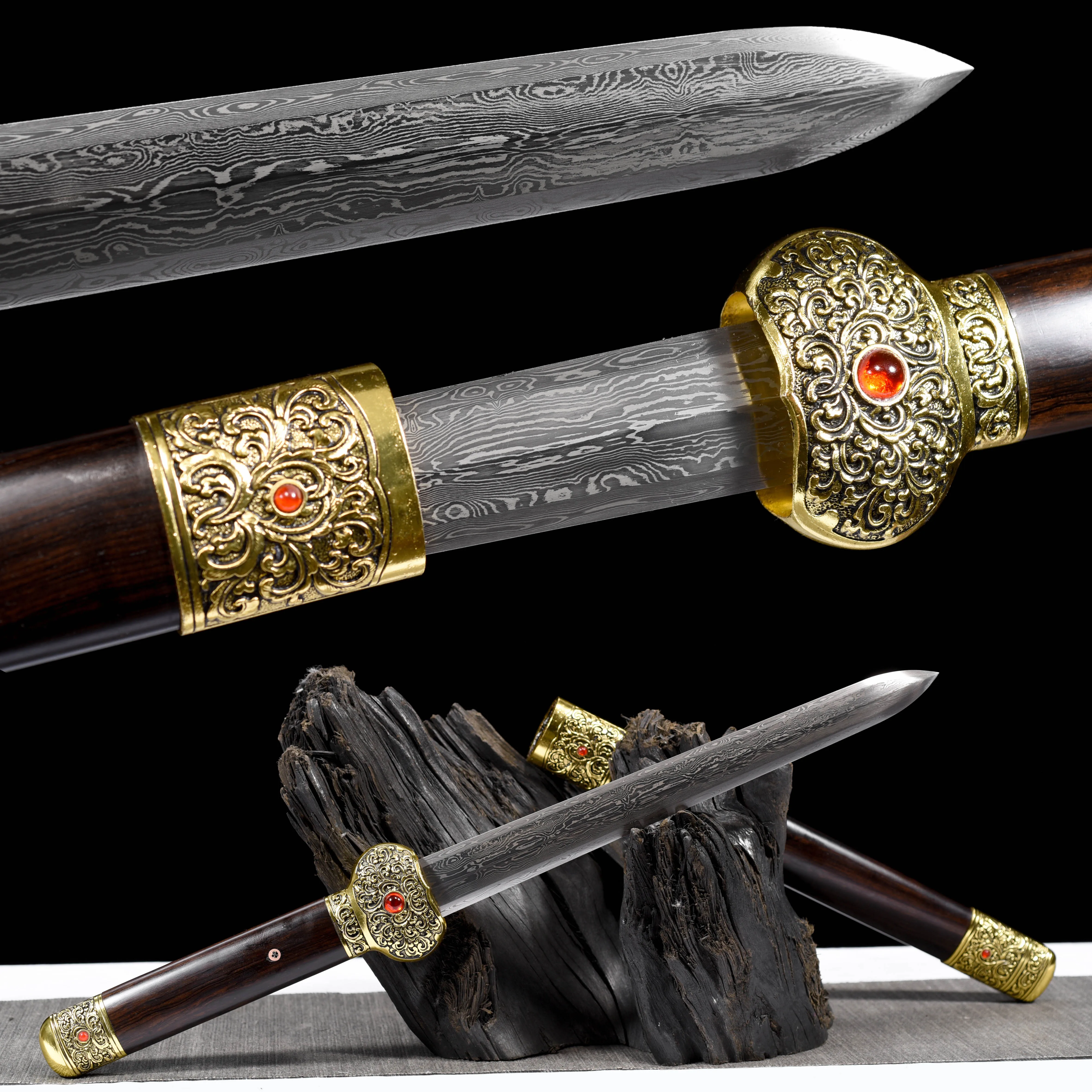 Gold and jewelry samurai swords, Damascus steel sharp katana men's unique gifts, ebony sheaths collected by martial arts battle