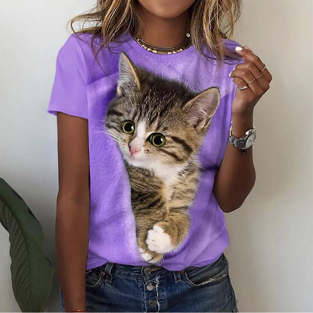 T-shirt manches courtes col rond femme, Streetwear, Harajuku Y2k, vêtements féminins, Kawaii Cat, impression 3D